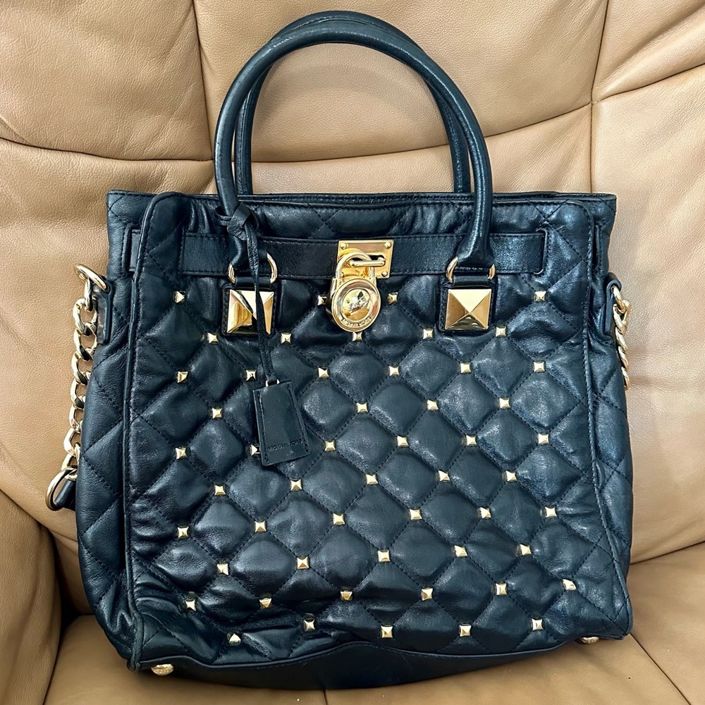 Michael Kors Large Black Leather & Gold Studded Bag Purse Travel Hamilton Chain